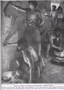 Artistas vestidos de pele decorando suas cavernas, ilustração de &39;A história do povo britânico&39;, c.1950